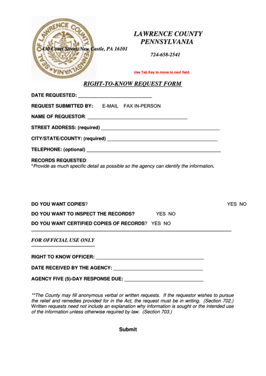 Right To Know Request Form - Lawrence County Printable pdf