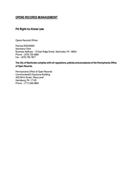 Right-To-Know Request Form - City Of Nanticoke Printable pdf