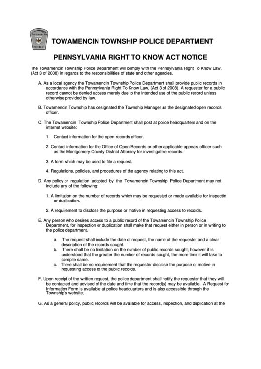 Right To Know Form - Towamencin Township Police Printable pdf