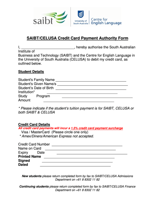 Saibt Celusa Credit Card Payment Authority Form Printable pdf
