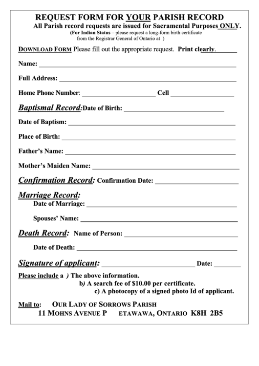 Parish Record Request Form - Our Lady Of Sorrows Parish Printable pdf