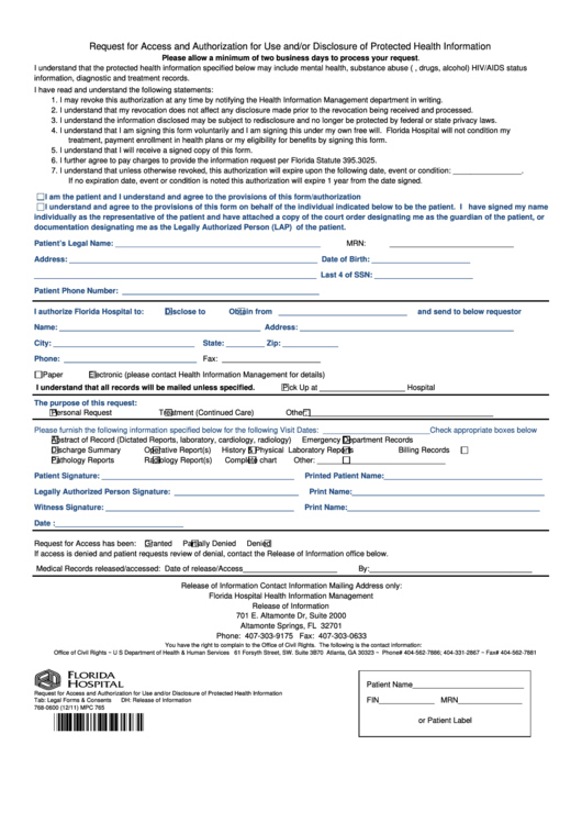 Request For Access And Authorization For Use And/or Disclosure Of Protected Health Information Printable pdf