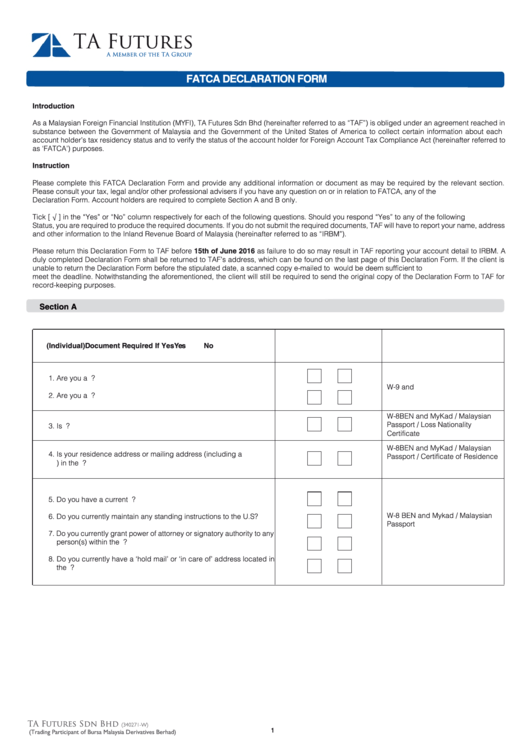 Fatca Declaration Form Printable pdf