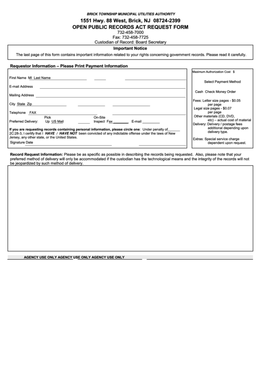 Open Public Records Act Request Form - Brick Township Municipal Utilities Authority Printable pdf