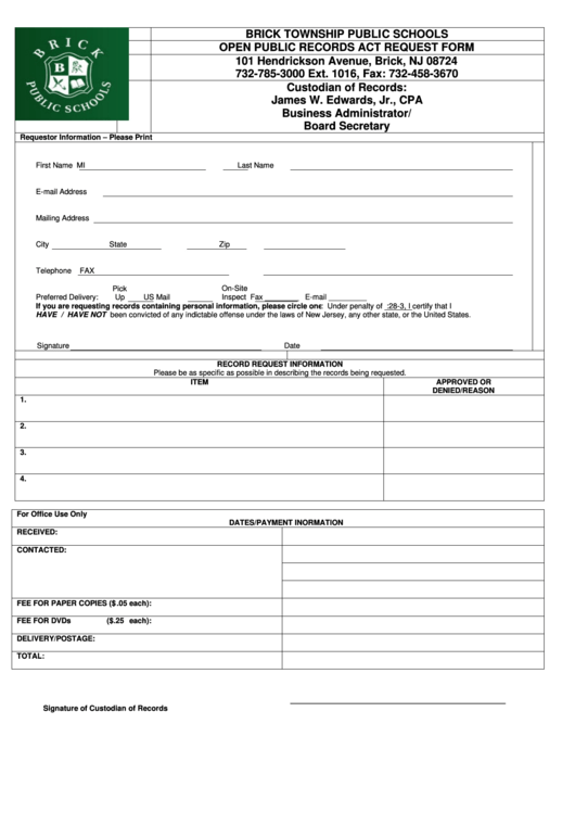 Brick Township Public Schools Open Public Records Act Request Form Printable pdf