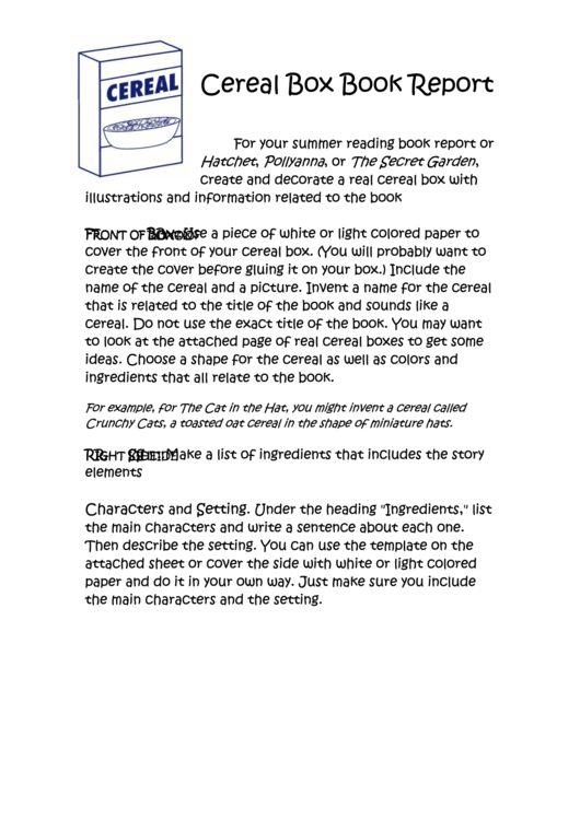 Cereal Box Book Report Template Printable pdf