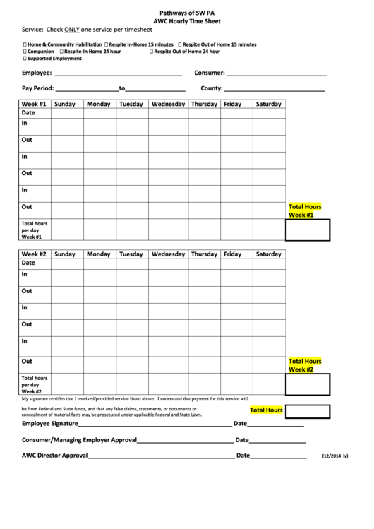 Pathways Of Sw Pa Awc Hourly Time Sheet Printable pdf