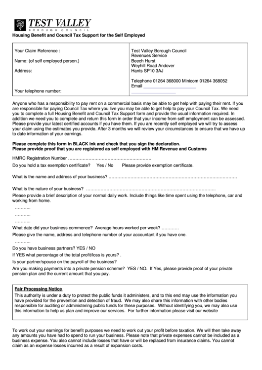 Self Employed Form - Test Valley Printable pdf