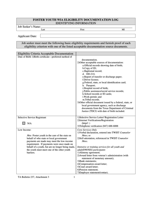 Foster Youth Wia Eligibility Documentation Log Printable pdf