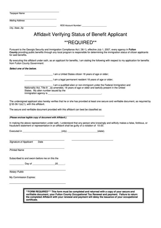 Affidavit Verifying Status Of Benefit Applicant Printable pdf