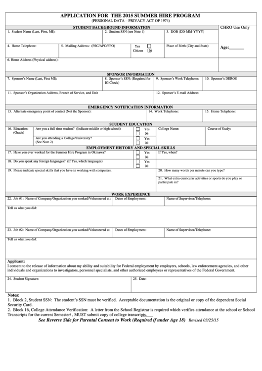 Fillable Application For The 2015 Summer Hire Program Printable pdf