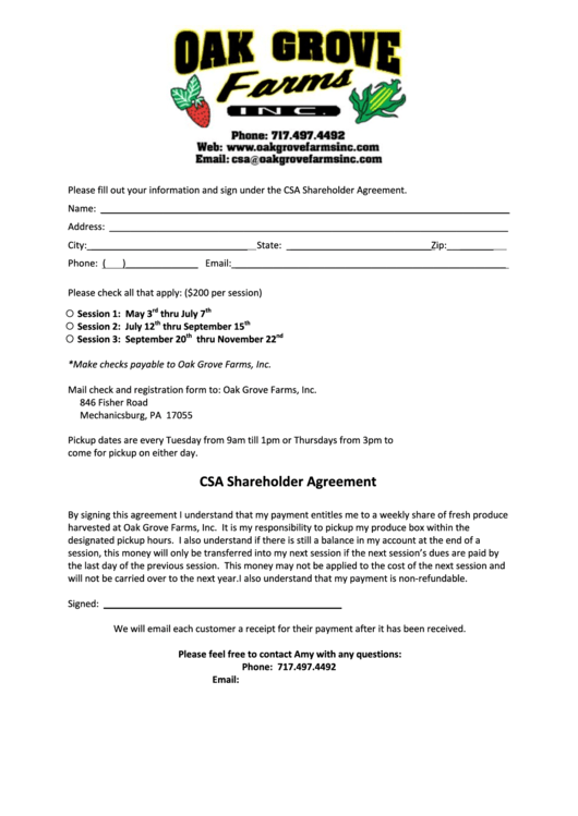 Csa Shareholder Agreement - Oak Grove Farms Printable pdf