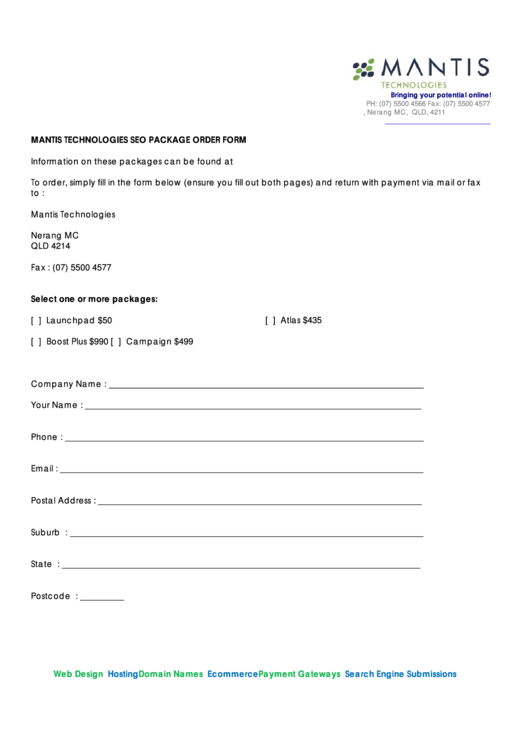 Mantis Technologies Seo Package Order Form Printable pdf