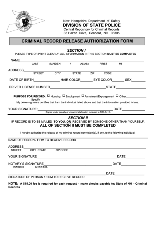 Fillable Criminal Record Release Authorization Form - New Hampshire Department Of Safety, Form Dsmv 505 - Release Of Motor Vehicle Records Printable pdf