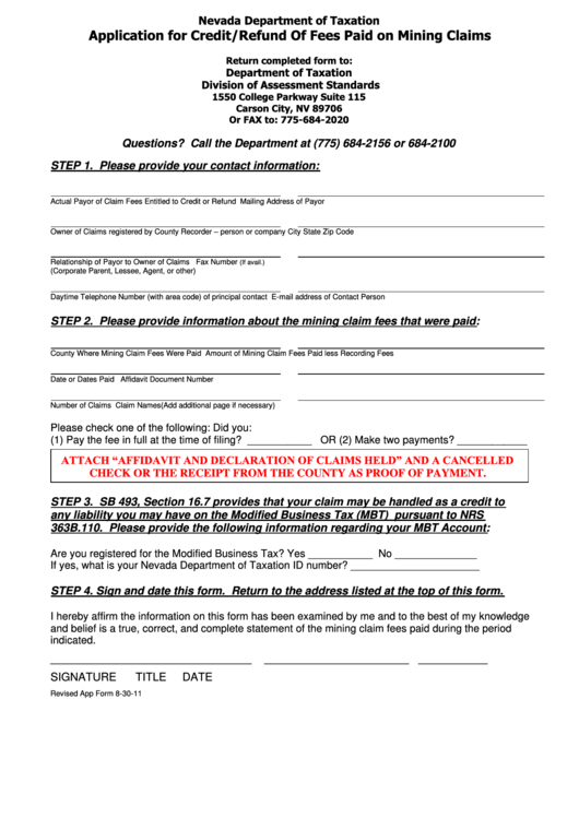 Application For Credit/refund Of Fees Paid On Mining Claims Form Printable pdf