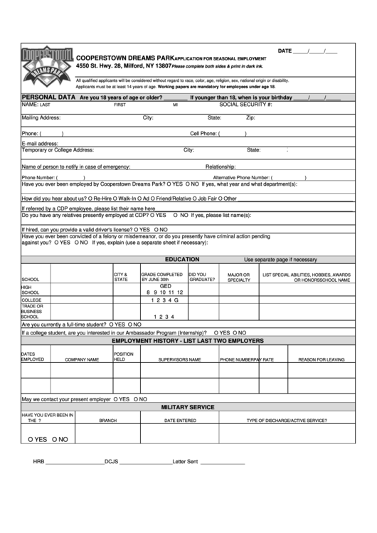 Cooperstown Dreams Park Application For Seasonal Employment Printable pdf