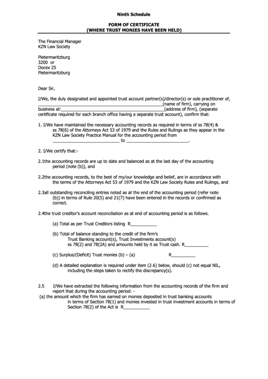 Form Of Trust Certificate (Where Trust Monies Have Been Held) Printable pdf