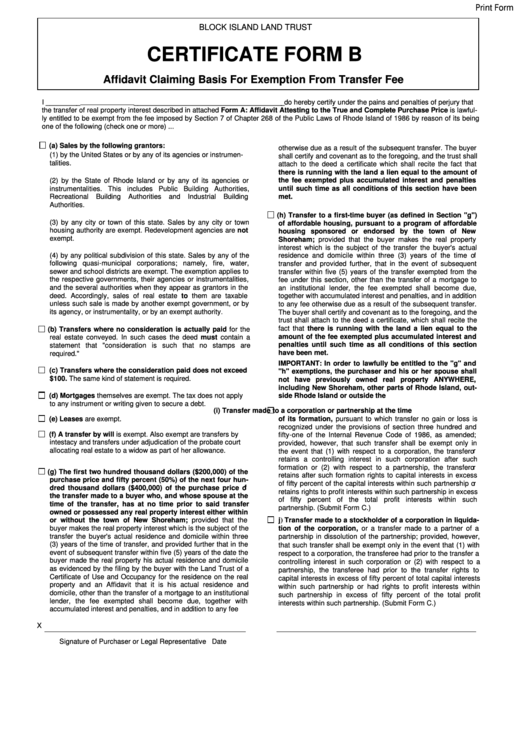Fillable Certificate Form B - New Shoreham Printable pdf