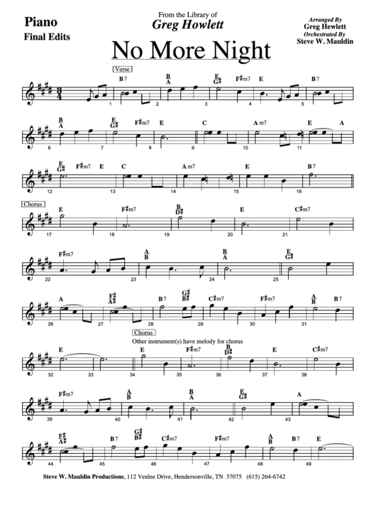 No More Night Piano Greg Howlett Printable pdf