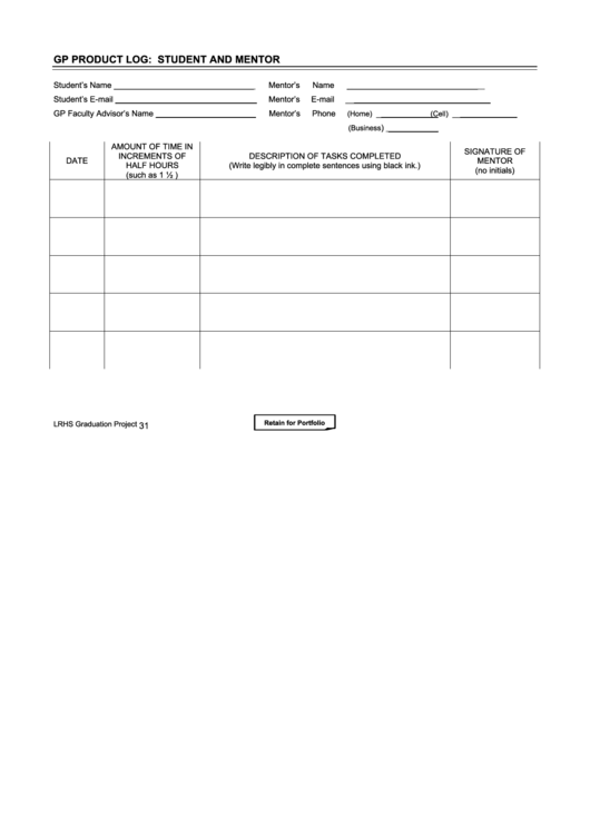 Gp Product Log: Student And Mentor Printable pdf