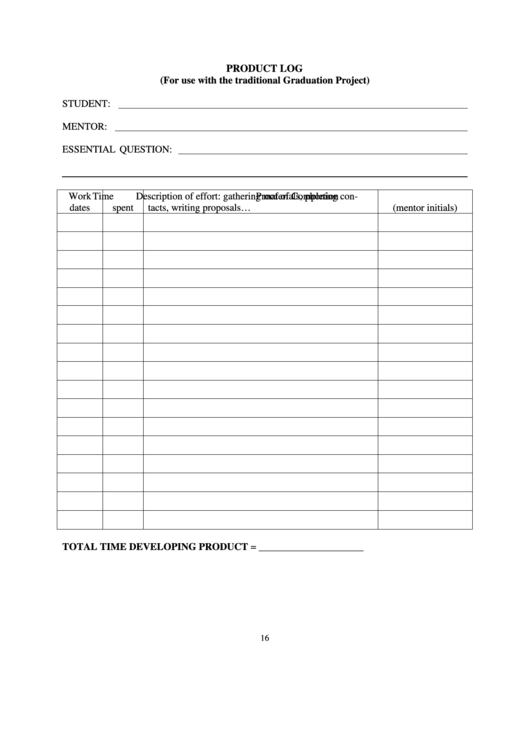 Product Log Template (For Use With The Traditional Graduation Project) Printable pdf