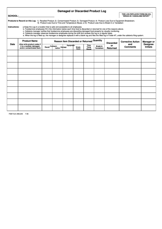 Damaged Or Discarded Product Log Printable pdf