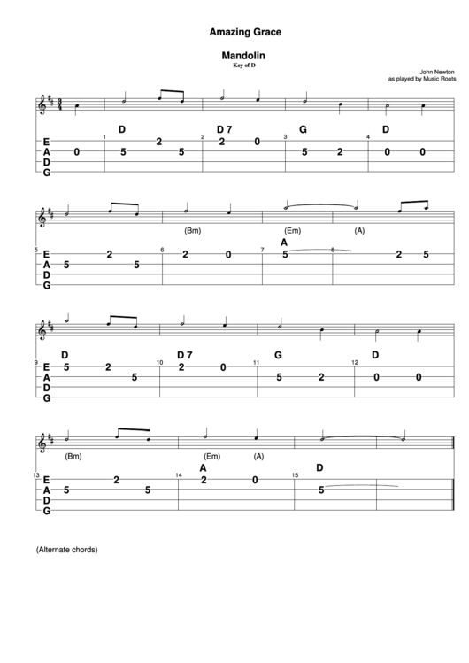 Amazing Grace Mandolin Chord Chart Printable pdf