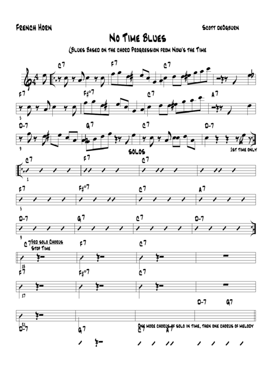 French Horn No Time Blues Music Spreadsheet Printable pdf