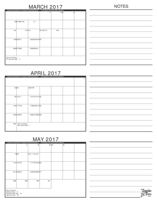 March, April, May 2017 Calendar Template Printable pdf