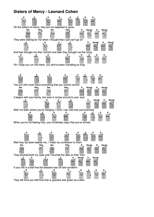 Sisters Of Mercy - Leonard Cohen Ukulele Chord Chart Printable pdf