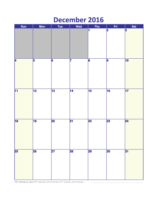 December 2016 Calendar Template Printable pdf