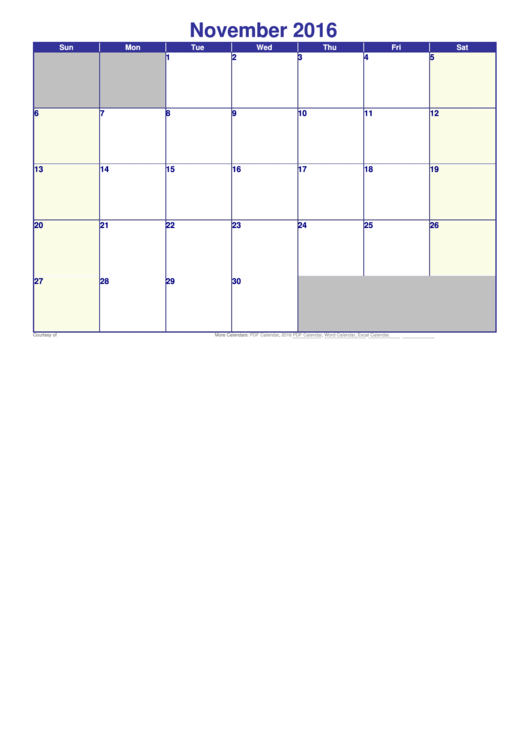 November 2016 Calendar Template Printable pdf