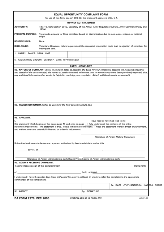 Da Form 7279 - Eo Complaint Form Printable pdf