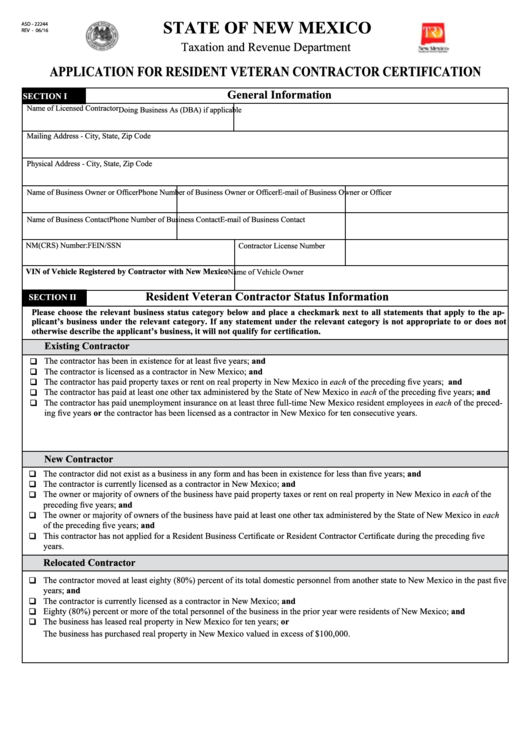 Form Asd - 22244 - Application For Resident Veteran Contractor Certification Printable pdf