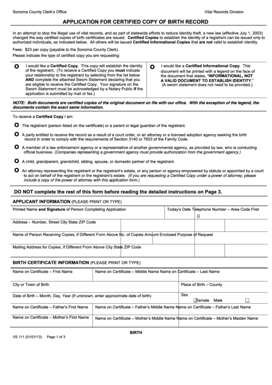 Fillable Form Vs 111 - Application For Certified Copy Of Birth Record - 2013 Printable pdf