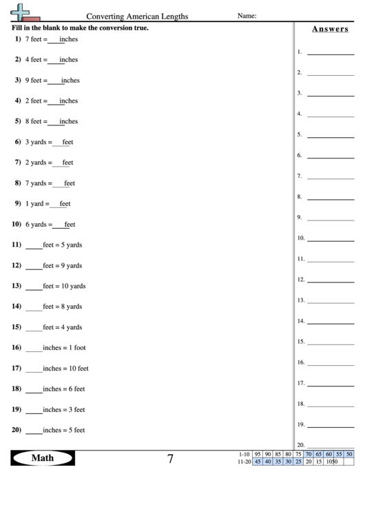 Converting American Lengths Worksheet Printable pdf
