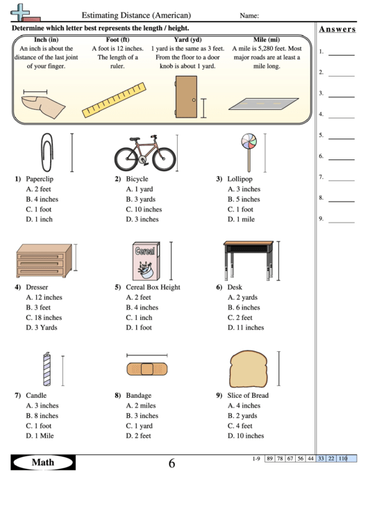 Estimating Distance (American) Worksheet Printable pdf