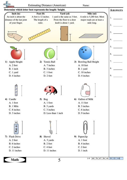 Estimating Distance (American) Worksheet Printable pdf