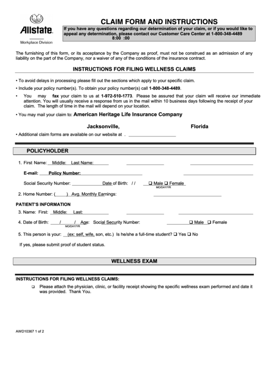 Form Awd10367 Wellness Claim And Instructions printable pdf download
