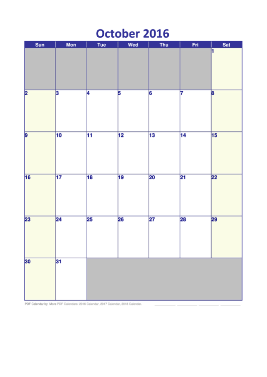 October 2016 Calendar Template Printable pdf