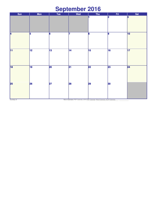 September 2016 Calendar Template Printable pdf