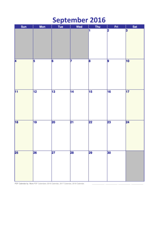 September 2016 Calendar Template Printable pdf