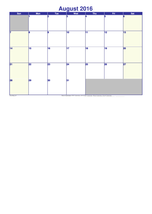August 2016 Calendar Template Printable pdf
