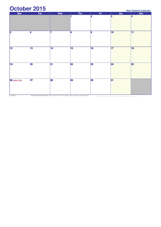 October 2015 New Zealand Calendar Template Printable pdf