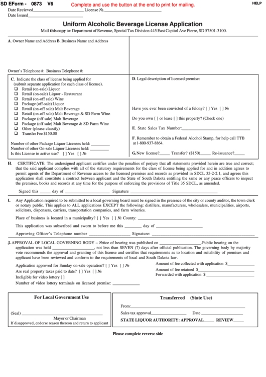 Fillable Sd Eform-0873 - Uniform Alcoholic Beverage License Application Printable pdf