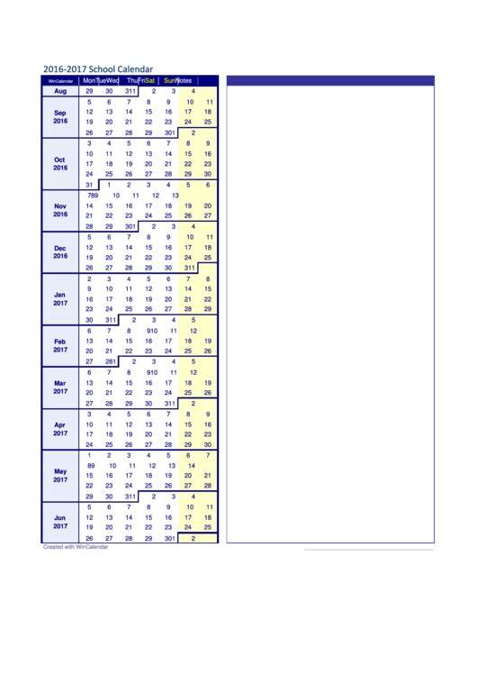 2016-2017 School Calendar Template