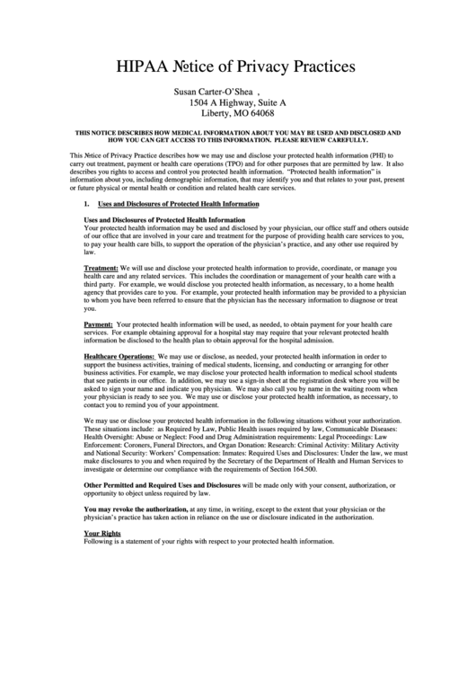 Hipaa Notice Of Privacy Practices Form Missouri Printable Pdf Download