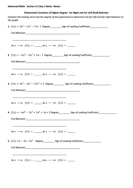 Polynomials Functions Of Higher Degree: Far Right And Far Left (End) Behavior Worksheet Printable pdf