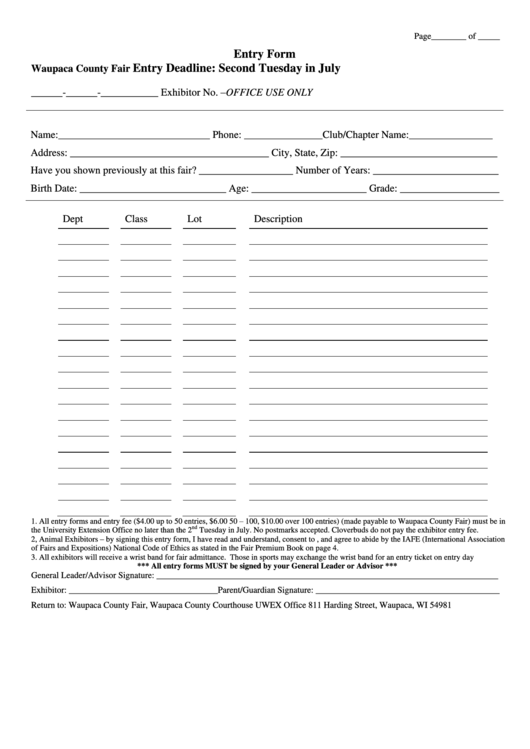 Waupaca County Fair Entry Form Printable pdf