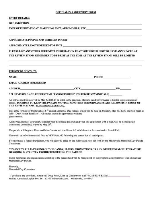 Fillable Official Parade Entry Form Printable pdf